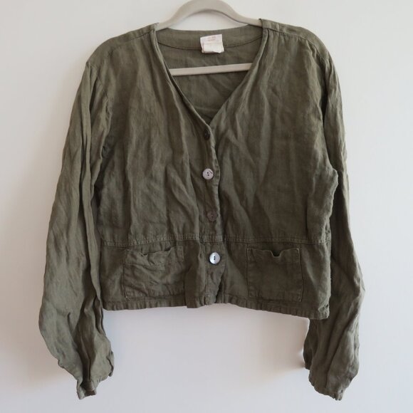 VINTAGE TOM TOM USA 100% Linen Cropped Blazer Jacket Khaki Green Lagenlook S - Picture 2 of 15